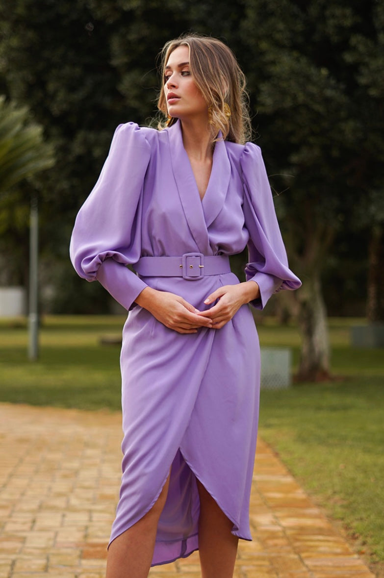 Vestido manga afarolada seda lila